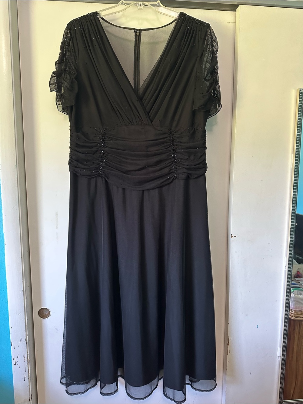 JS Boutique Black Midi Dress with Sheer Sleeves